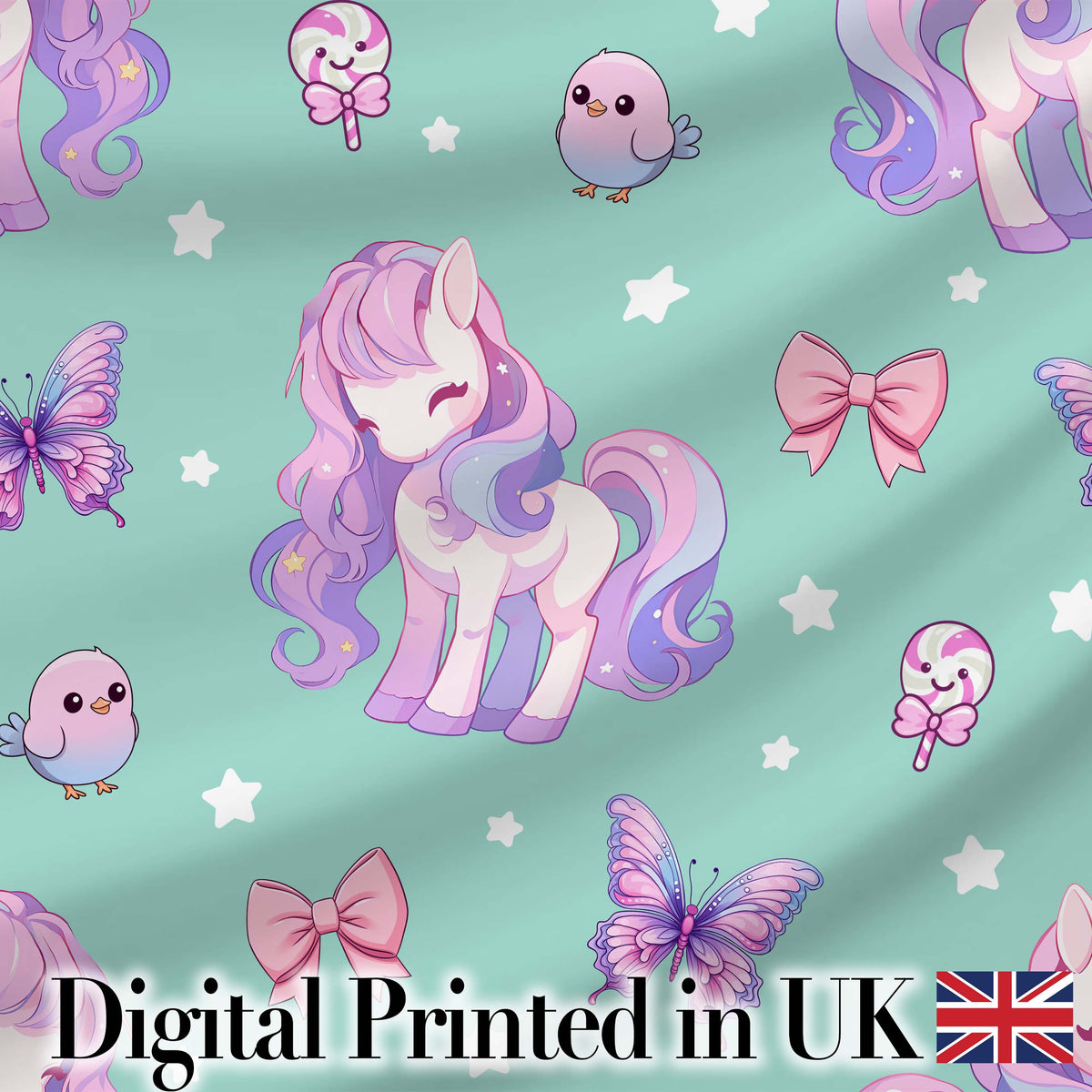 Cute Unicorn Pastel Stars Birds Bows Candy Mint Seamless Pattern Digital Print Fabric by the Metre UK Sewing Quilting Textile