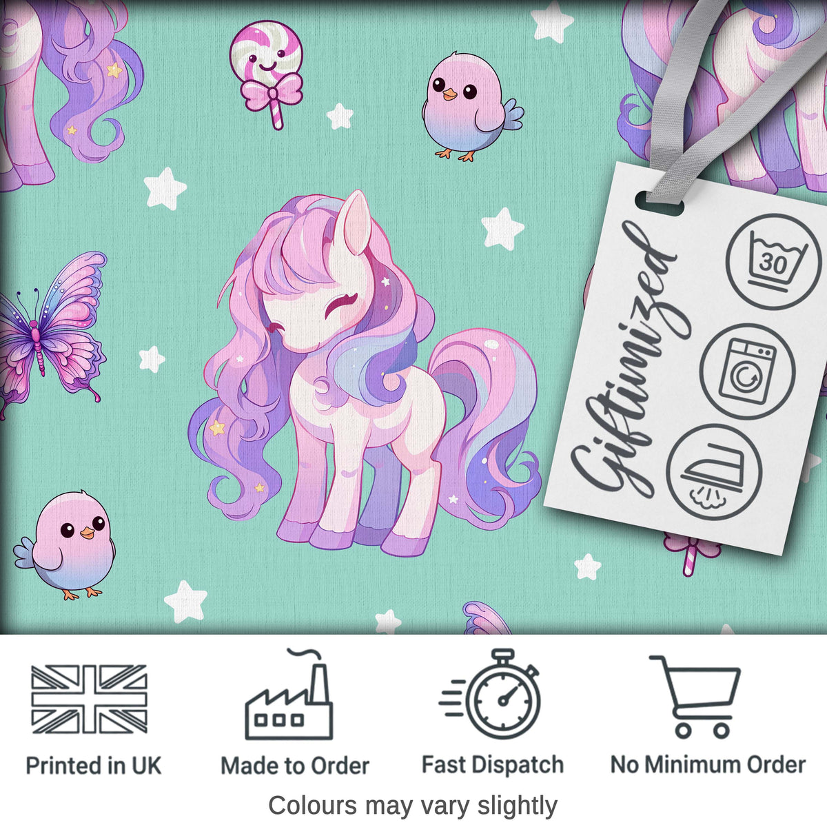 Cute Unicorn Pastel Stars Birds Bows Candy Mint Seamless Pattern Digital Print Fabric by the Metre UK Sewing Quilting Textile
