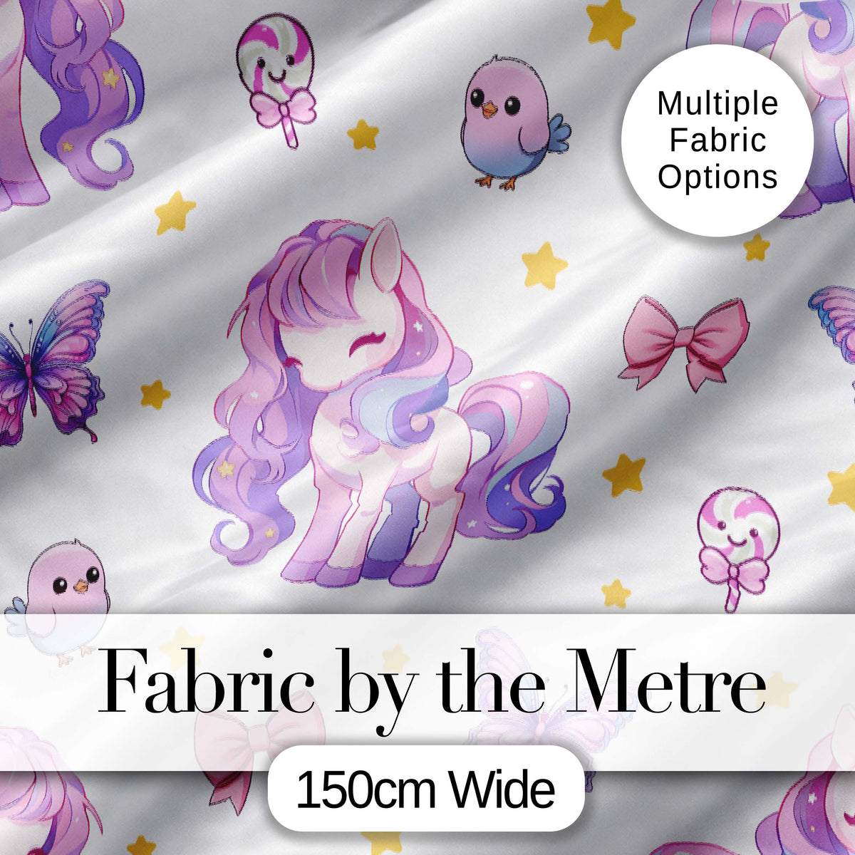 Cute Unicorn Pastel Stars Birds Bows Candy Grey Seamless Pattern Digital Print Fabric by the Metre UK Sewing Quilting Textile