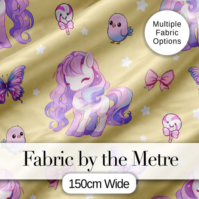 Cute Unicorn Pastel Stars Birds Bows Candy Yellow Seamless Pattern Digital Print Fabric by the Metre UK Sewing Quilting Textile
