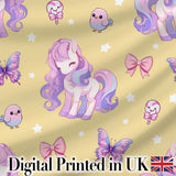 Cute Unicorn Pastel Stars Birds Bows Candy Yellow Seamless Pattern Digital Print Fabric by the Metre UK Sewing Quilting Textile