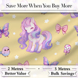 Cute Unicorn Pastel Stars Birds Bows Candy Yellow Seamless Pattern Digital Print Fabric by the Metre UK Sewing Quilting Textile
