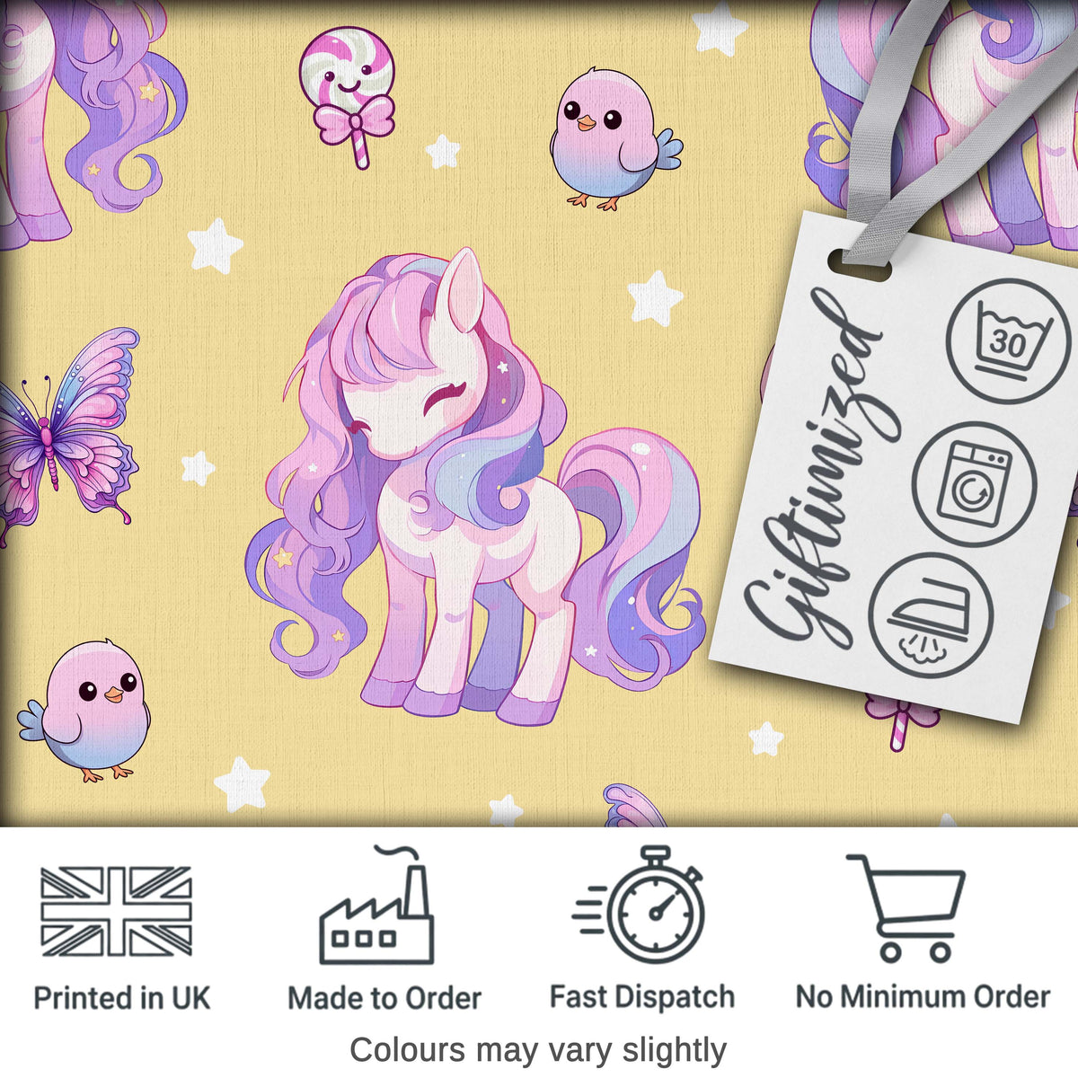 Cute Unicorn Pastel Stars Birds Bows Candy Yellow Seamless Pattern Digital Print Fabric by the Metre UK Sewing Quilting Textile