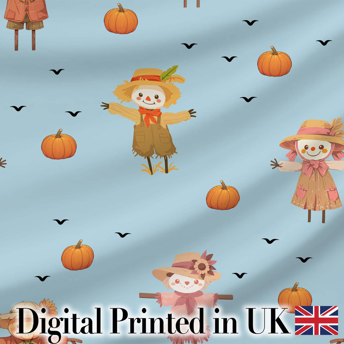 Cute Autumn Scarecrow Pumpkins Birds Blue Seamless Pattern Digital Print Fabric by the Metre UK Sewing Quilting Textile