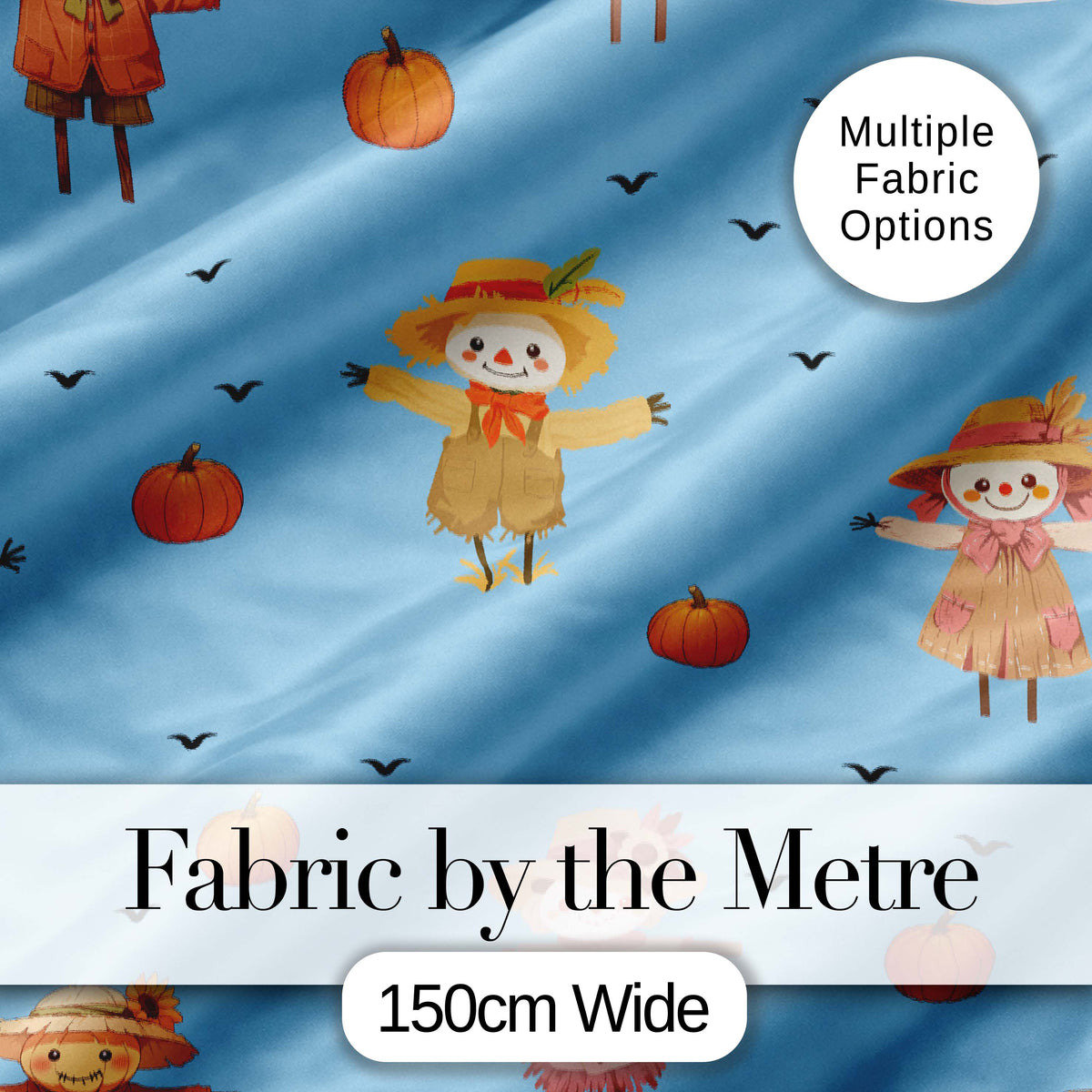 Cute Autumn Scarecrow Pumpkins Birds Sky Seamless Pattern Digital Print Fabric by the Metre UK Sewing Quilting Textile
