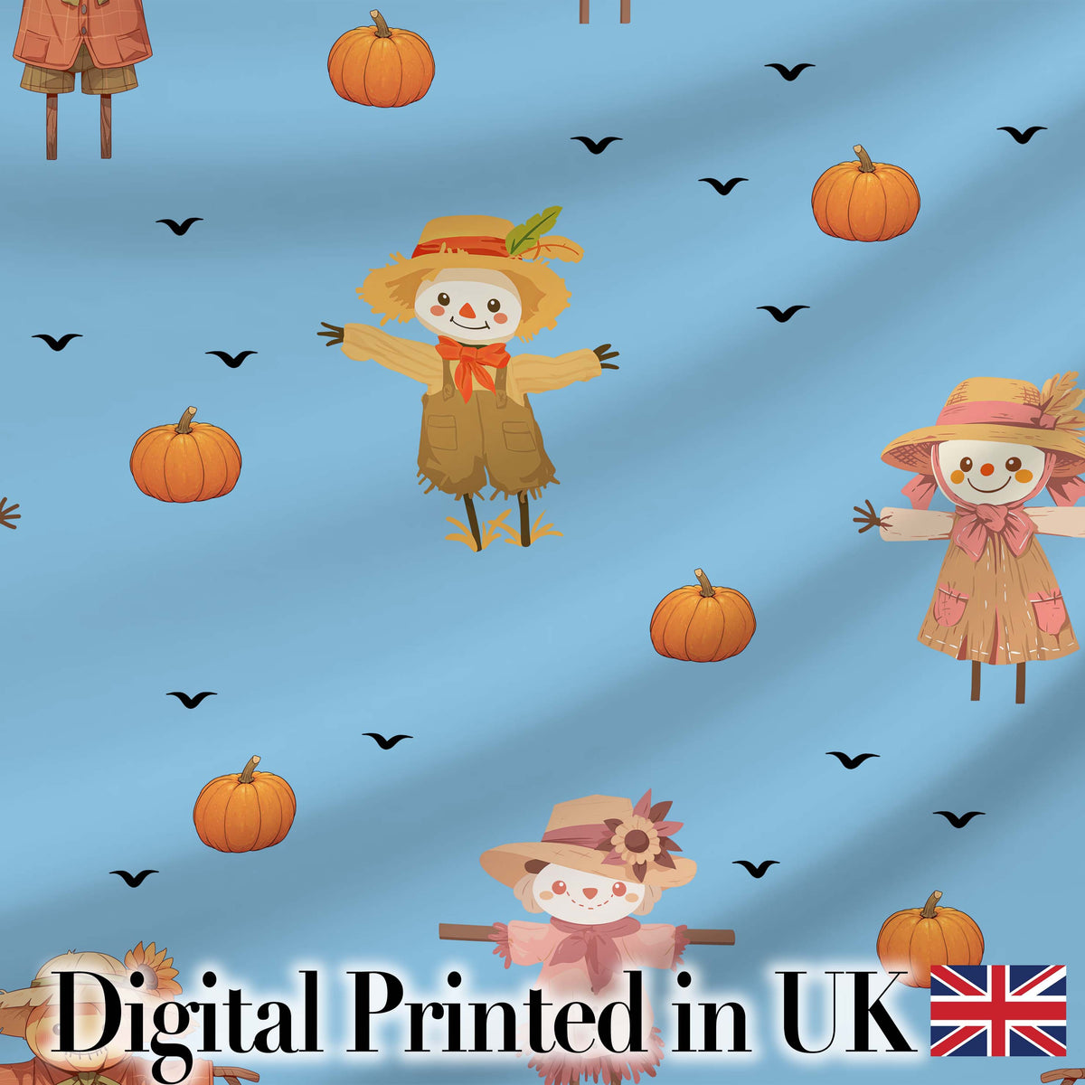 Cute Autumn Scarecrow Pumpkins Birds Sky Seamless Pattern Digital Print Fabric by the Metre UK Sewing Quilting Textile