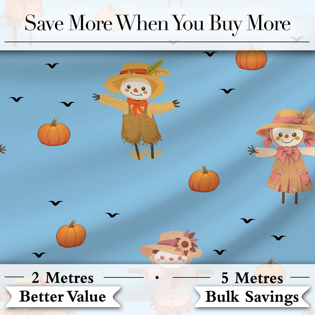 Cute Autumn Scarecrow Pumpkins Birds Sky Seamless Pattern Digital Print Fabric by the Metre UK Sewing Quilting Textile