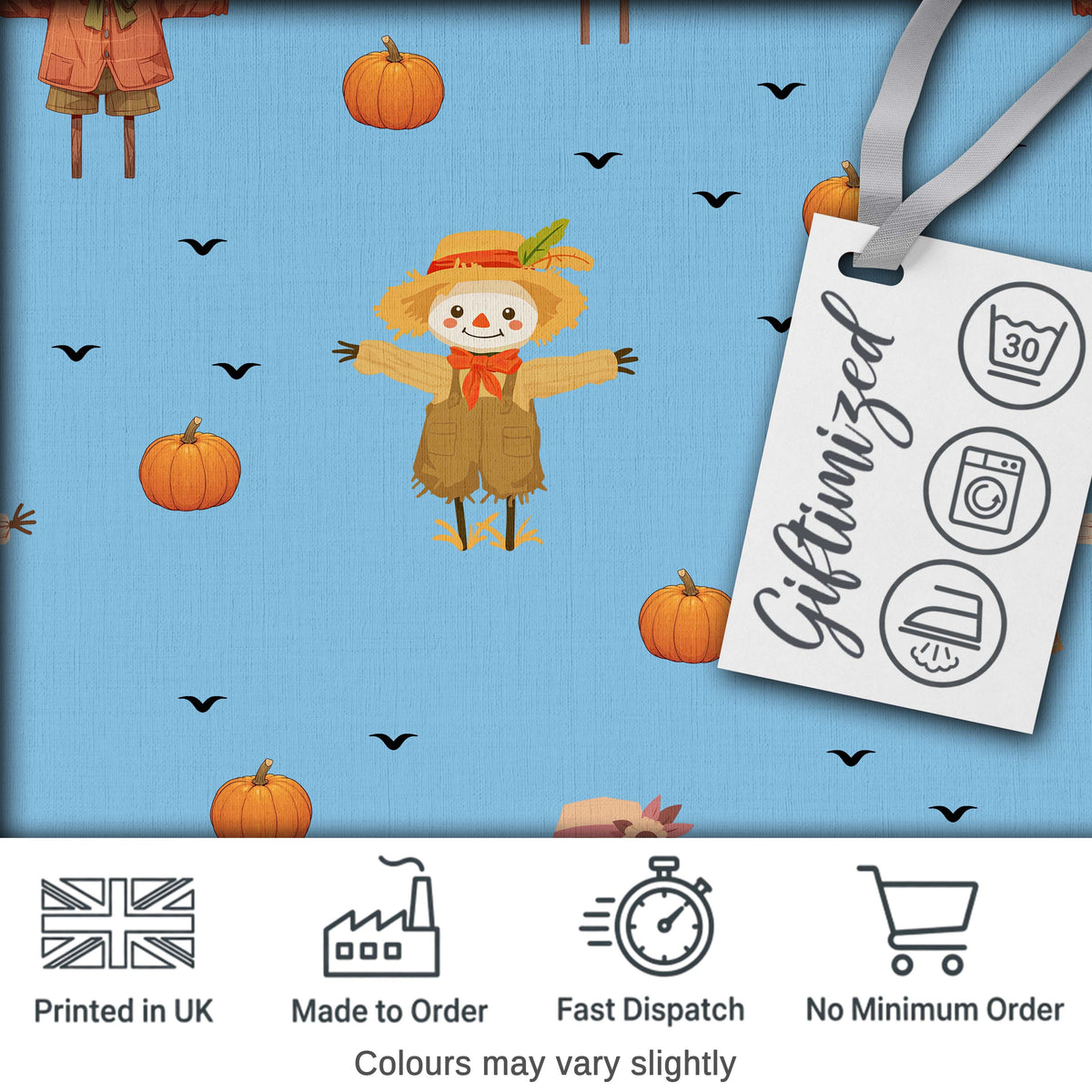 Cute Autumn Scarecrow Pumpkins Birds Sky Seamless Pattern Digital Print Fabric by the Metre UK Sewing Quilting Textile