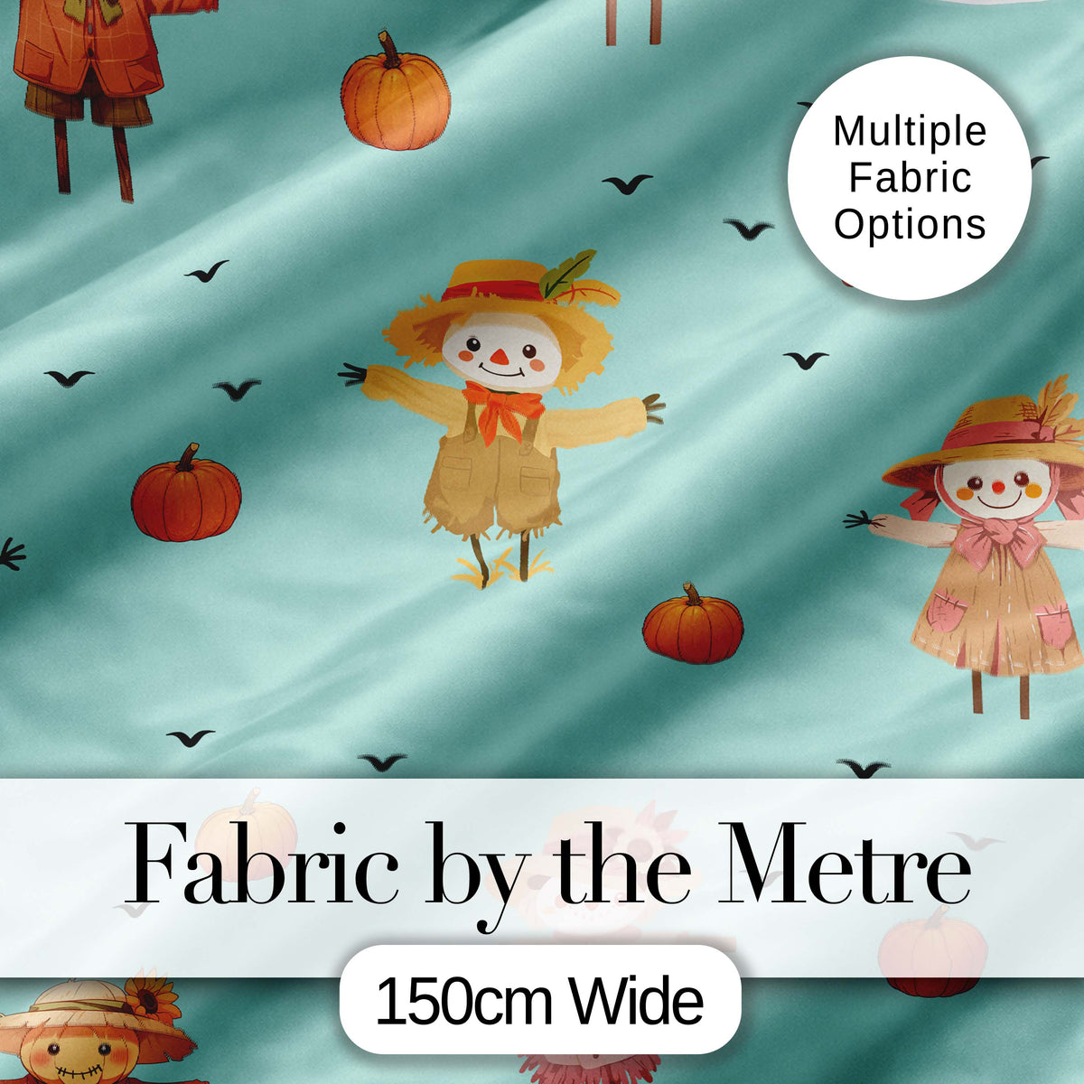Cute Autumn Scarecrow Pumpkins Flying Birds Teal Seamless Pattern Digital Print Fabric by the Metre UK Sewing Quilting Textile