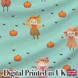 Cute Autumn Scarecrow Pumpkins Flying Birds Teal Seamless Pattern Digital Print Fabric by the Metre UK Sewing Quilting Textile