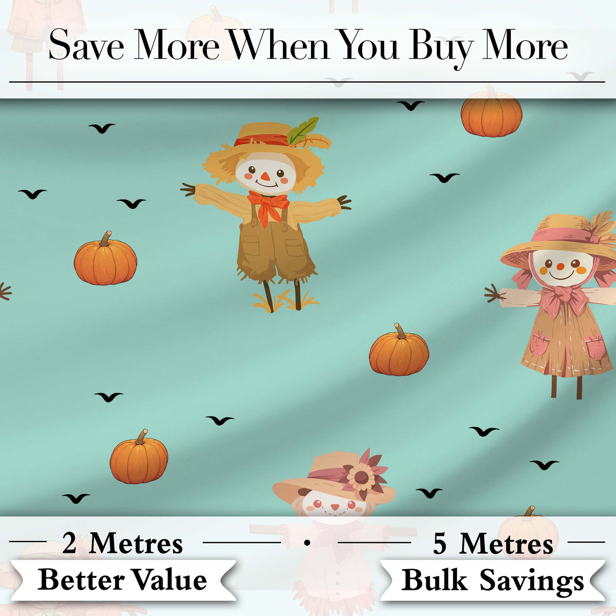 Cute Autumn Scarecrow Pumpkins Flying Birds Teal Seamless Pattern Digital Print Fabric by the Metre UK Sewing Quilting Textile