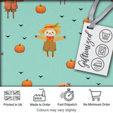 Cute Autumn Scarecrow Pumpkins Flying Birds Teal Seamless Pattern Digital Print Fabric by the Metre UK Sewing Quilting Textile