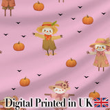 Cute Autumn Scarecrow Pumpkins Flying Birds Pink Seamless Pattern Digital Print Fabric by the Metre UK Sewing Quilting Textile