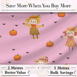 Cute Autumn Scarecrow Pumpkins Flying Birds Pink Seamless Pattern Digital Print Fabric by the Metre UK Sewing Quilting Textile