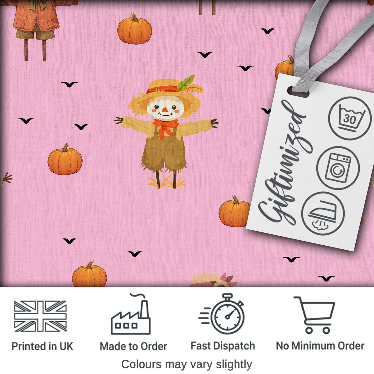 Cute Autumn Scarecrow Pumpkins Flying Birds Pink Seamless Pattern Digital Print Fabric by the Metre UK Sewing Quilting Textile