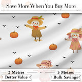 Cute Autumn Scarecrow Pumpkins Flying Birds Grey Seamless Pattern Digital Print Fabric by the Metre UK Sewing Quilting Textile