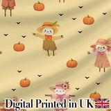 Cute Autumn Scarecrow Pumpkins Flying Birds Yellow Seamless Pattern Digital Print Fabric by the Metre UK Sewing Quilting Textile