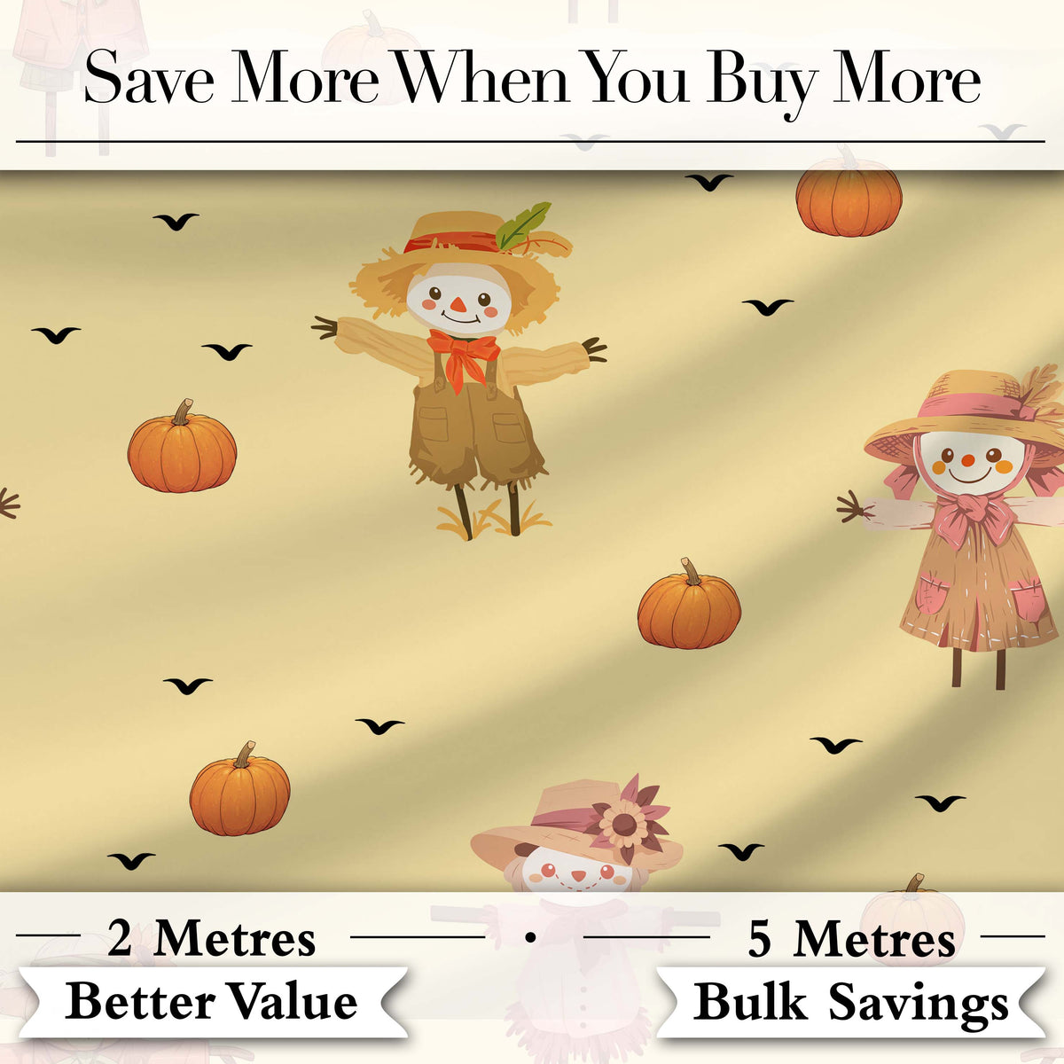 Cute Autumn Scarecrow Pumpkins Flying Birds Yellow Seamless Pattern Digital Print Fabric by the Metre UK Sewing Quilting Textile
