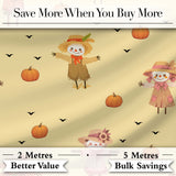 Cute Autumn Scarecrow Pumpkins Flying Birds Yellow Seamless Pattern Digital Print Fabric by the Metre UK Sewing Quilting Textile