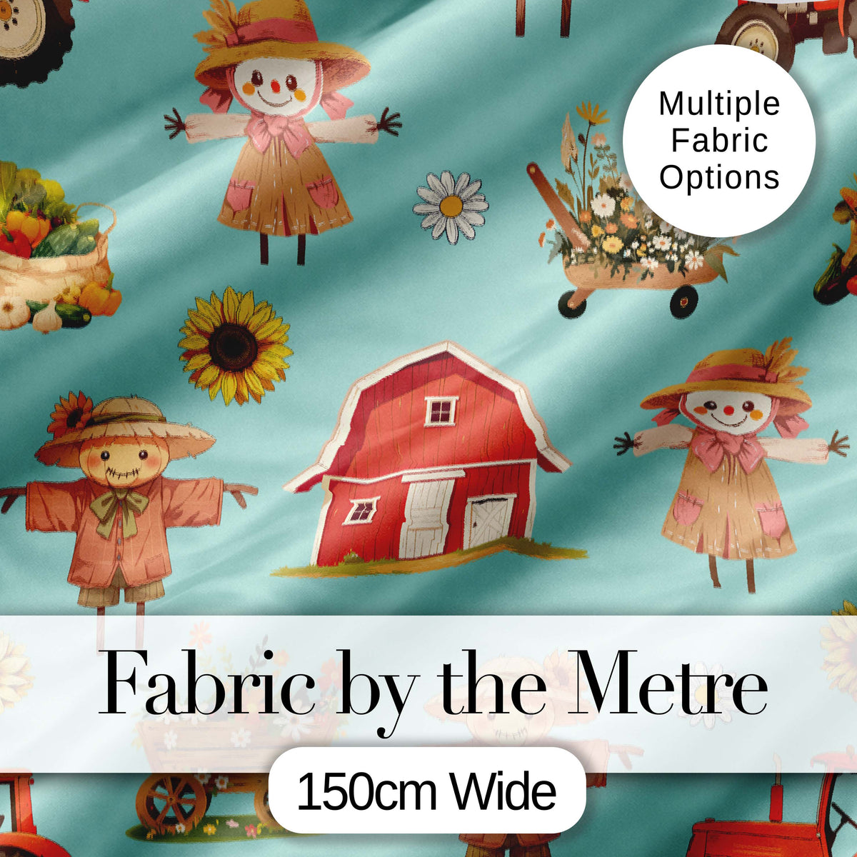 Cute Autumn Farm Barn Scarecrow Sunflower Floral Teal Seamless Pattern Digital Print Fabric by the Metre UK Sewing Quilting Textile