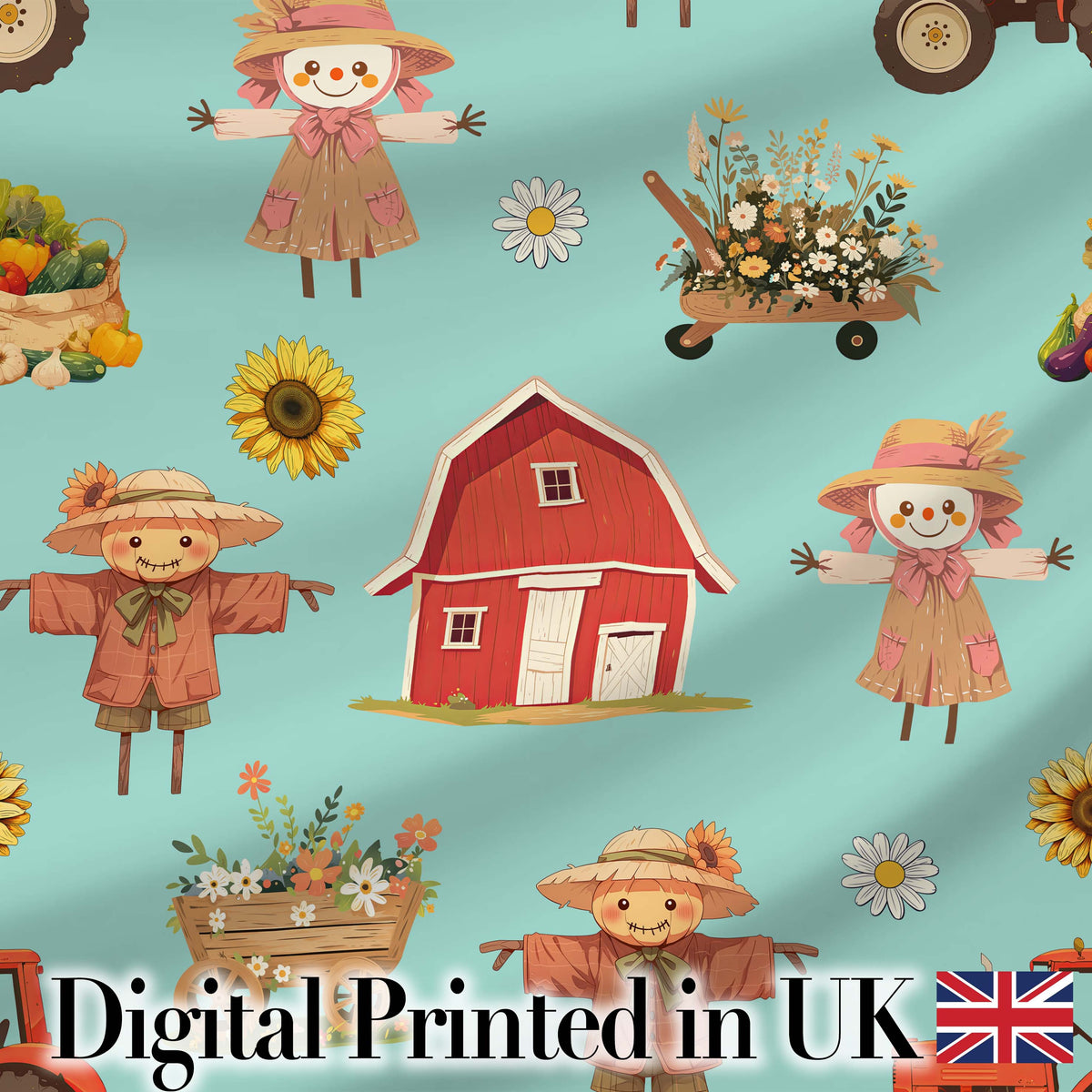Cute Autumn Farm Barn Scarecrow Sunflower Floral Teal Seamless Pattern Digital Print Fabric by the Metre UK Sewing Quilting Textile