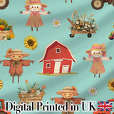 Cute Autumn Farm Barn Scarecrow Sunflower Floral Teal Seamless Pattern Digital Print Fabric by the Metre UK Sewing Quilting Textile