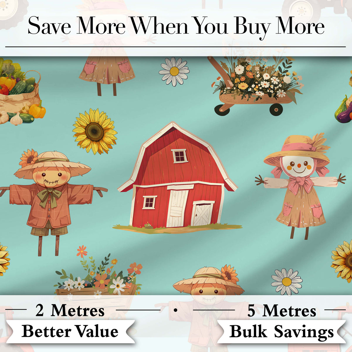 Cute Autumn Farm Barn Scarecrow Sunflower Floral Teal Seamless Pattern Digital Print Fabric by the Metre UK Sewing Quilting Textile