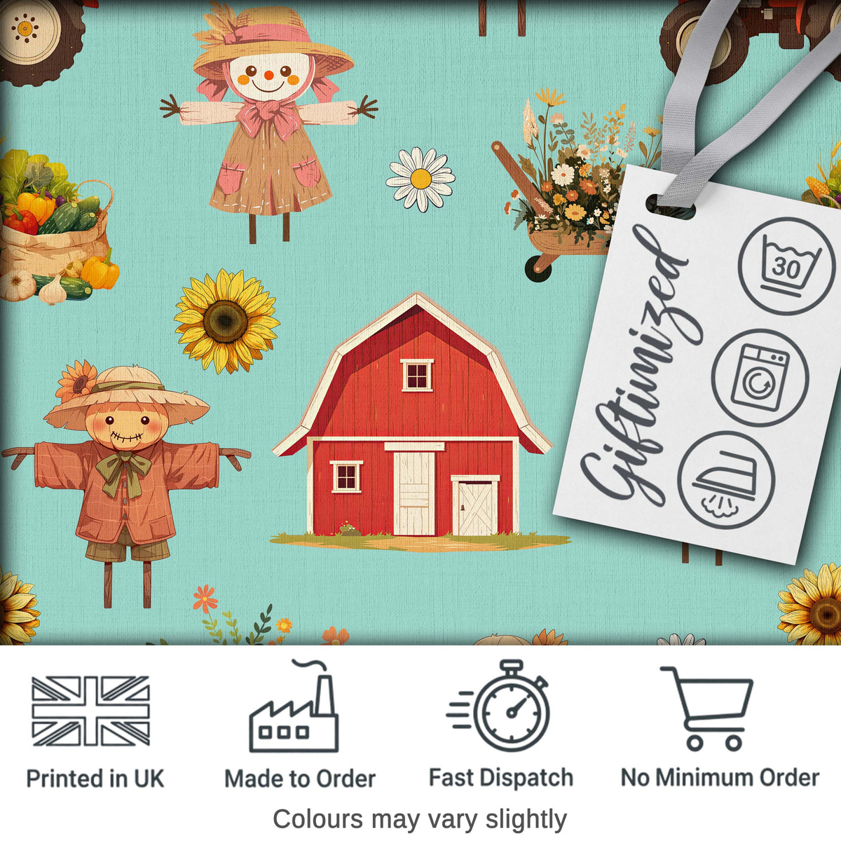 Cute Autumn Farm Barn Scarecrow Sunflower Floral Teal Seamless Pattern Digital Print Fabric by the Metre UK Sewing Quilting Textile