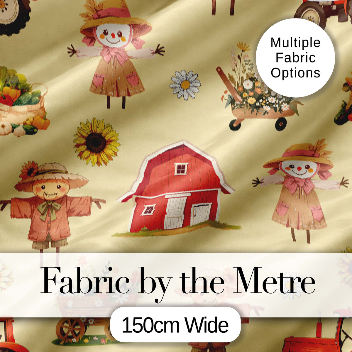 Cute Autumn Farm Barn Scarecrow Sunflower Floral Yellow Seamless Pattern Digital Print Fabric by the Metre UK Sewing Quilting Textile