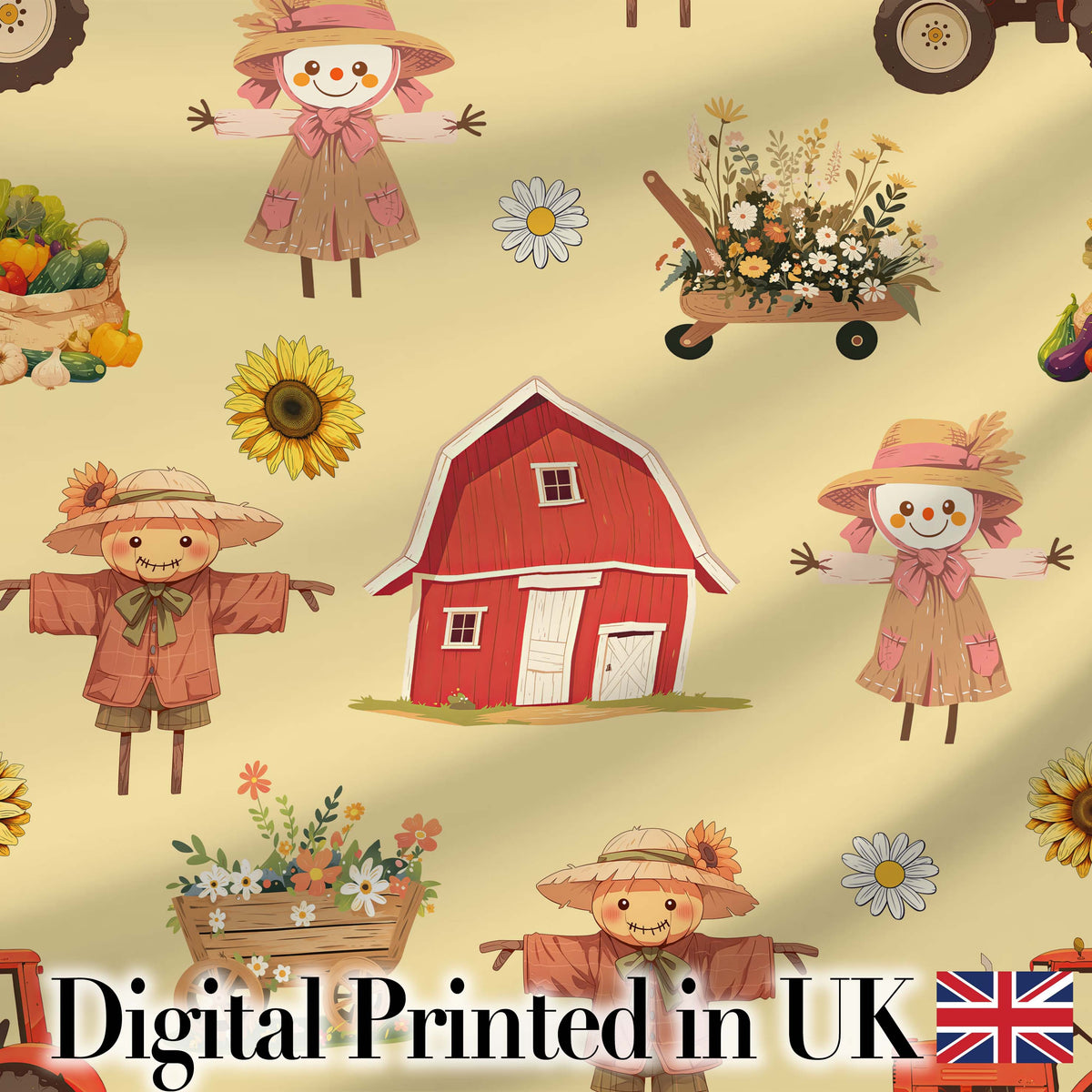 Cute Autumn Farm Barn Scarecrow Sunflower Floral Yellow Seamless Pattern Digital Print Fabric by the Metre UK Sewing Quilting Textile