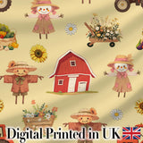 Cute Autumn Farm Barn Scarecrow Sunflower Floral Yellow Seamless Pattern Digital Print Fabric by the Metre UK Sewing Quilting Textile
