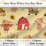 Cute Autumn Farm Barn Scarecrow Sunflower Floral Yellow Seamless Pattern Digital Print Fabric by the Metre UK Sewing Quilting Textile