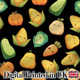 Cute Kawaii Autumn Vegetables Corn Pumpkin Carrot Black Seamless Pattern Digital Print Fabric by the Metre UK Sewing Quilting Textile