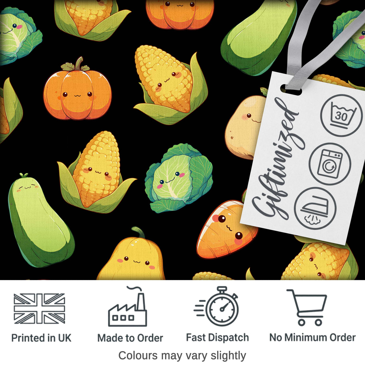Cute Kawaii Autumn Vegetables Corn Pumpkin Carrot Black Seamless Pattern Digital Print Fabric by the Metre UK Sewing Quilting Textile