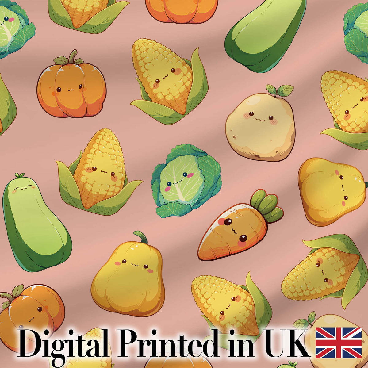 Cute Kawaii Autumn Vegetables Corn Pumpkin Carrot Peach Seamless Pattern Digital Print Fabric by the Metre UK Sewing Quilting Textile