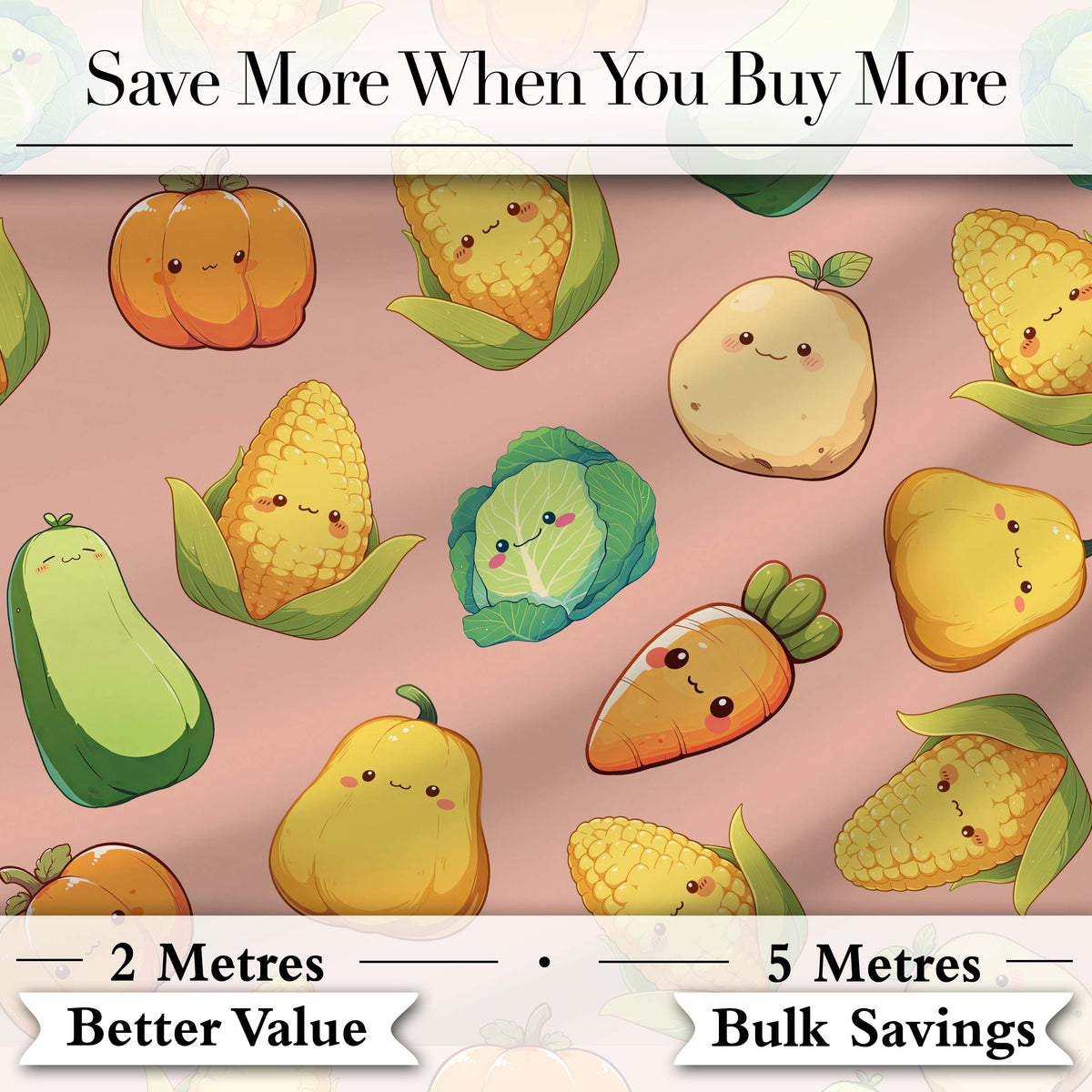 Cute Kawaii Autumn Vegetables Corn Pumpkin Carrot Peach Seamless Pattern Digital Print Fabric by the Metre UK Sewing Quilting Textile