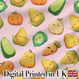 Cute Kawaii Autumn Vegetables Corn Pumpkin Carrot Pink Seamless Pattern Digital Print Fabric by the Metre UK Sewing Quilting Textile