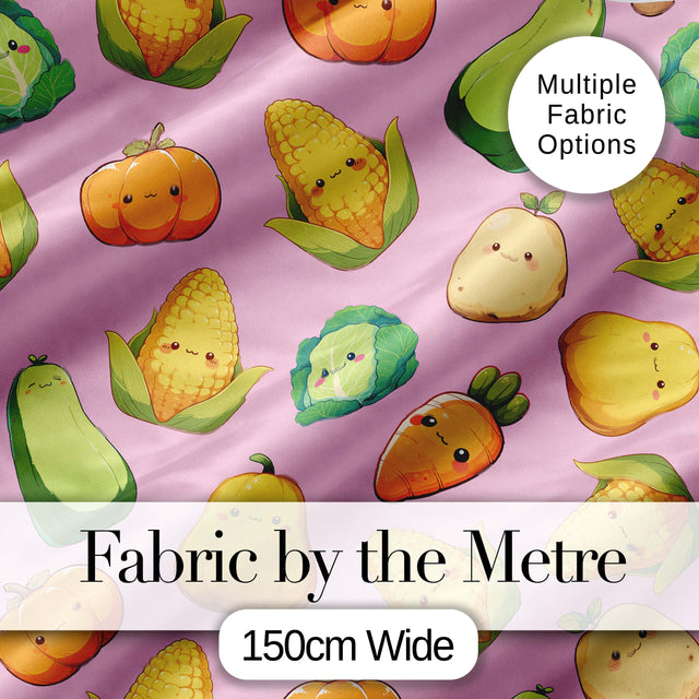 Cute Kawaii Autumn Vegetables Corn Pumpkin Carrot Pink Seamless Pattern Digital Print Fabric by the Metre UK Sewing Quilting Textile