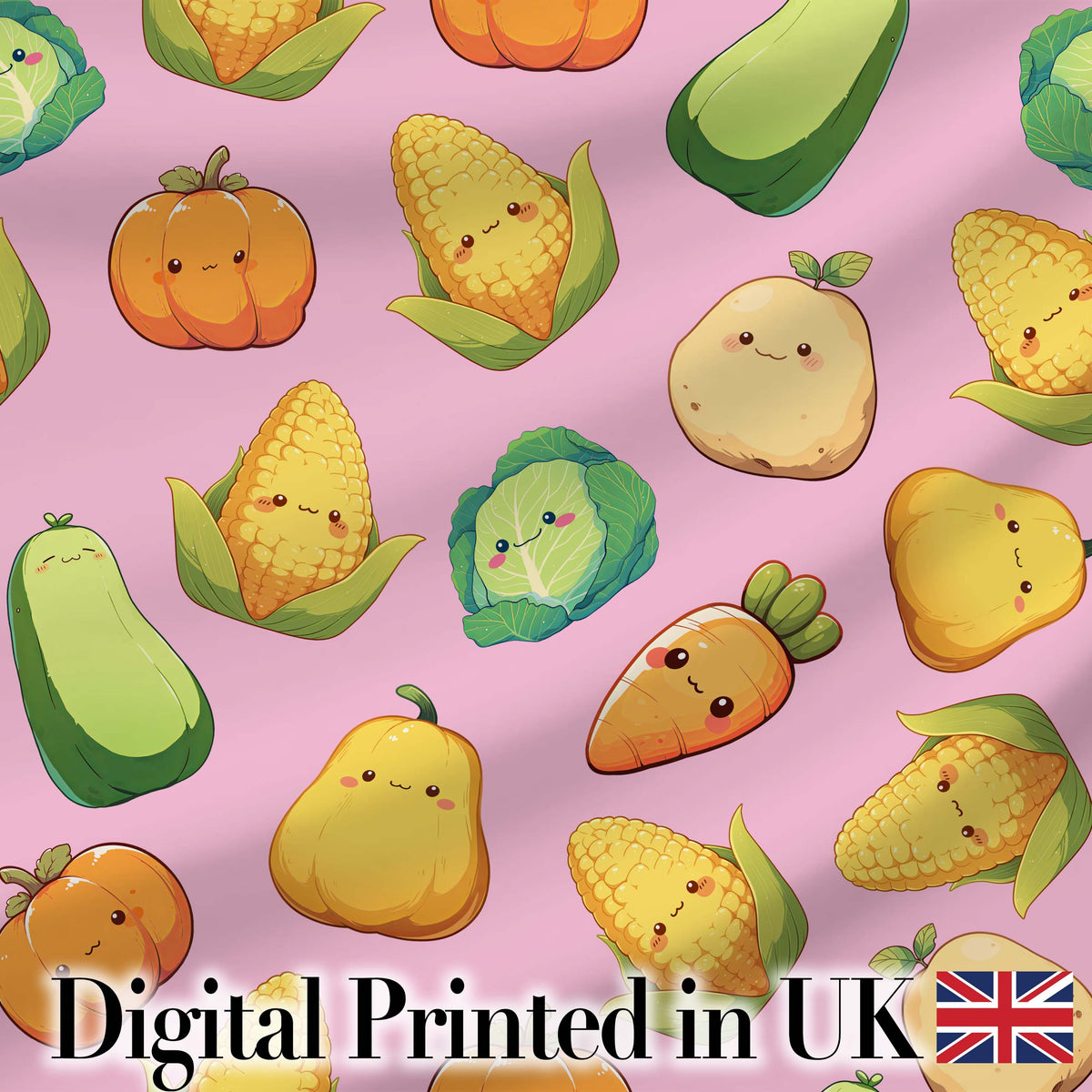 Cute Kawaii Autumn Vegetables Corn Pumpkin Carrot Pink Seamless Pattern Digital Print Fabric by the Metre UK Sewing Quilting Textile