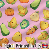 Cute Kawaii Autumn Vegetables Corn Pumpkin Carrot Pink Seamless Pattern Digital Print Fabric by the Metre UK Sewing Quilting Textile