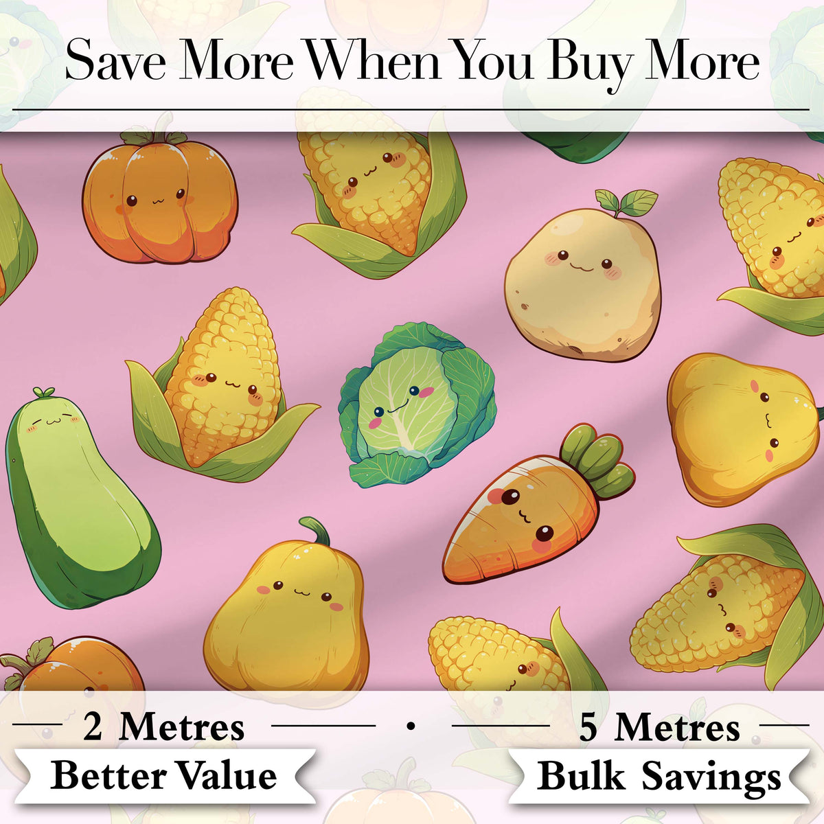 Cute Kawaii Autumn Vegetables Corn Pumpkin Carrot Pink Seamless Pattern Digital Print Fabric by the Metre UK Sewing Quilting Textile