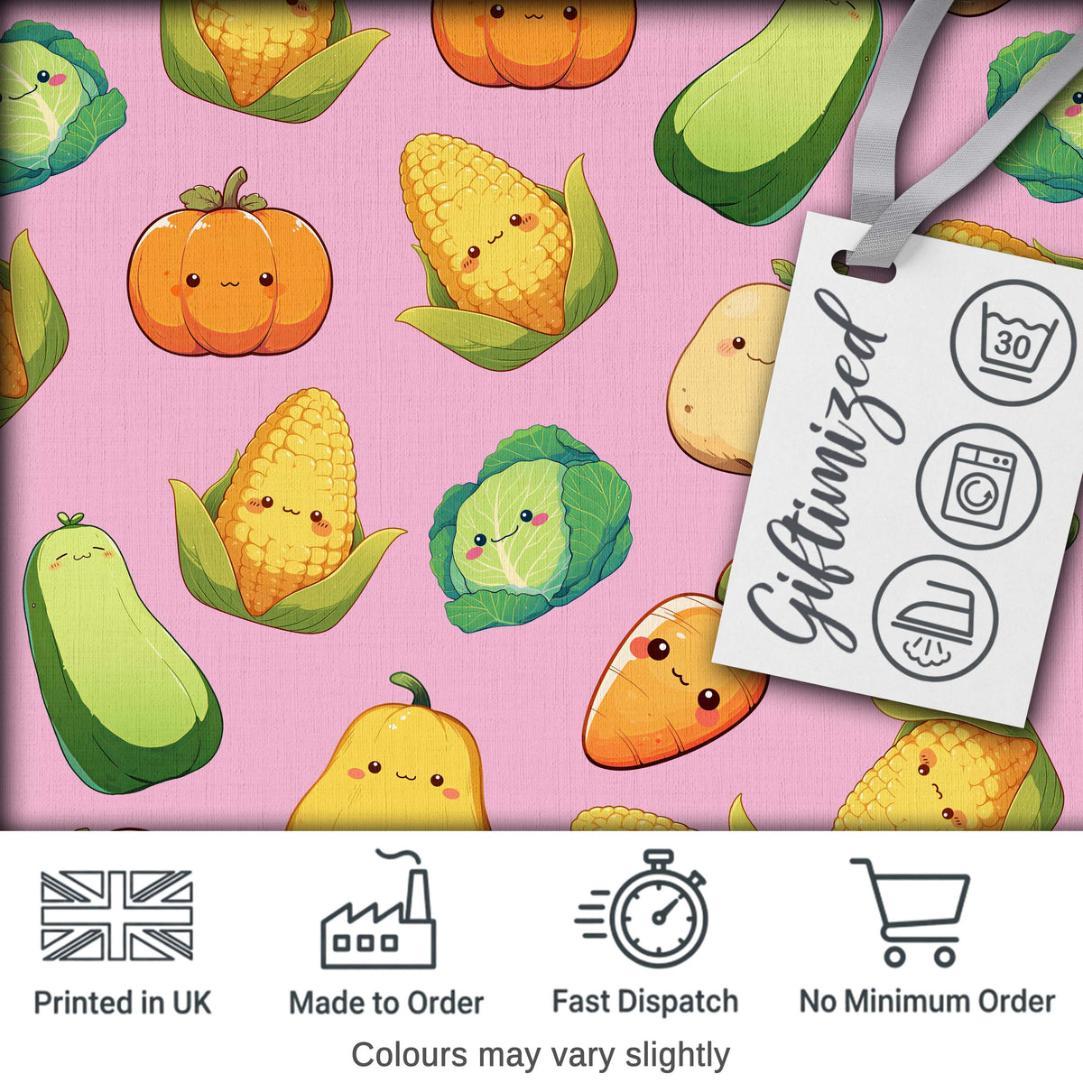 Cute Kawaii Autumn Vegetables Corn Pumpkin Carrot Pink Seamless Pattern Digital Print Fabric by the Metre UK Sewing Quilting Textile