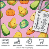 Cute Kawaii Autumn Vegetables Corn Pumpkin Carrot Pink Seamless Pattern Digital Print Fabric by the Metre UK Sewing Quilting Textile