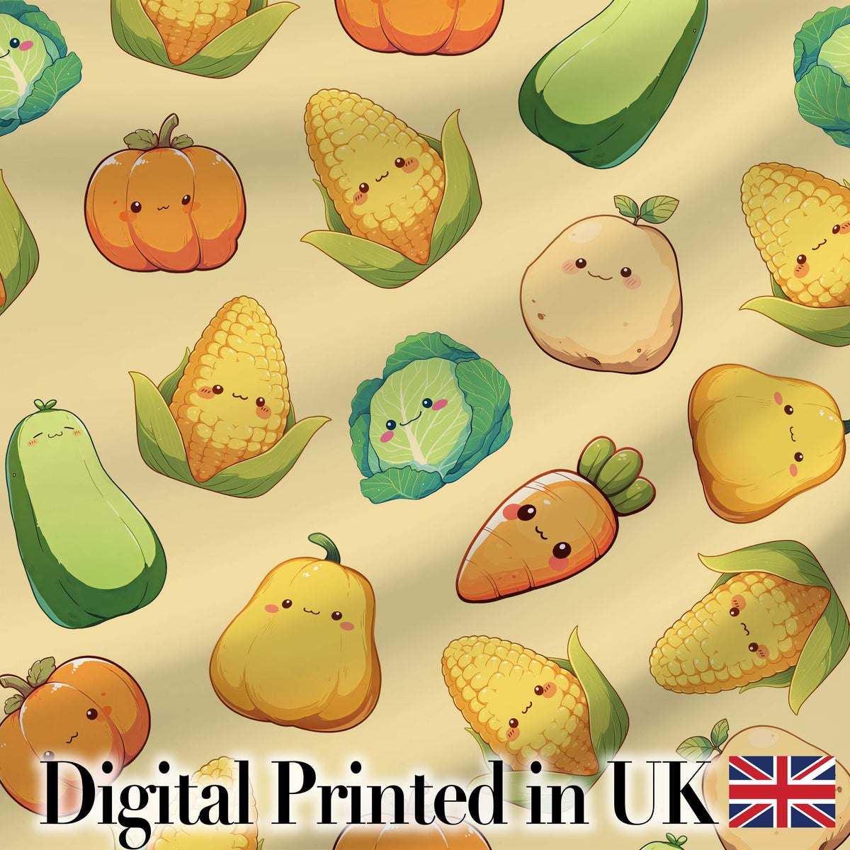Cute Kawaii Autumn Vegetables Corn Pumpkin Carrot Yellow Seamless Pattern Digital Print Fabric by the Metre UK Sewing Quilting Textile
