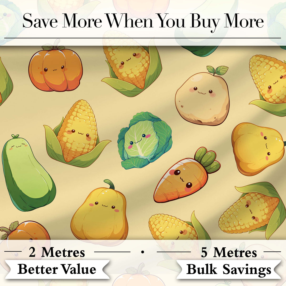 Cute Kawaii Autumn Vegetables Corn Pumpkin Carrot Yellow Seamless Pattern Digital Print Fabric by the Metre UK Sewing Quilting Textile