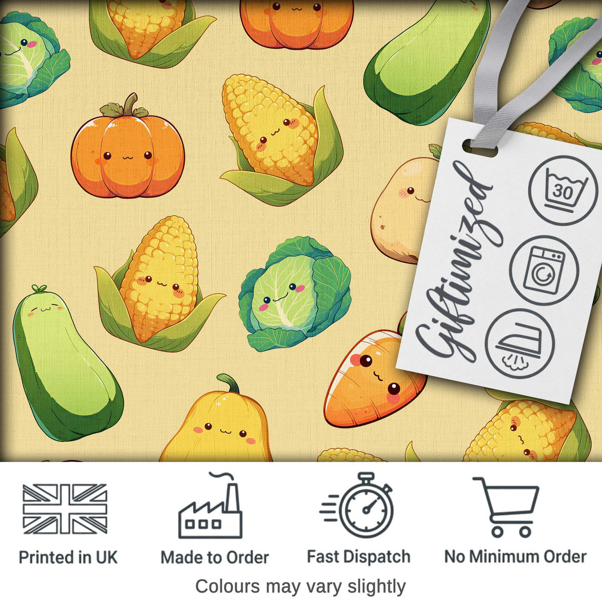 Cute Kawaii Autumn Vegetables Corn Pumpkin Carrot Yellow Seamless Pattern Digital Print Fabric by the Metre UK Sewing Quilting Textile