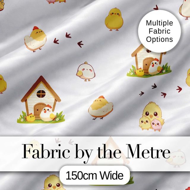 Cute Farm Chick Chicken Coop Arrows White Seamless Pattern Digital Print Fabric by the Metre UK Sewing Quilting Textile