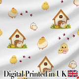 Cute Farm Chick Chicken Coop Arrows White Seamless Pattern Digital Print Fabric by the Metre UK Sewing Quilting Textile