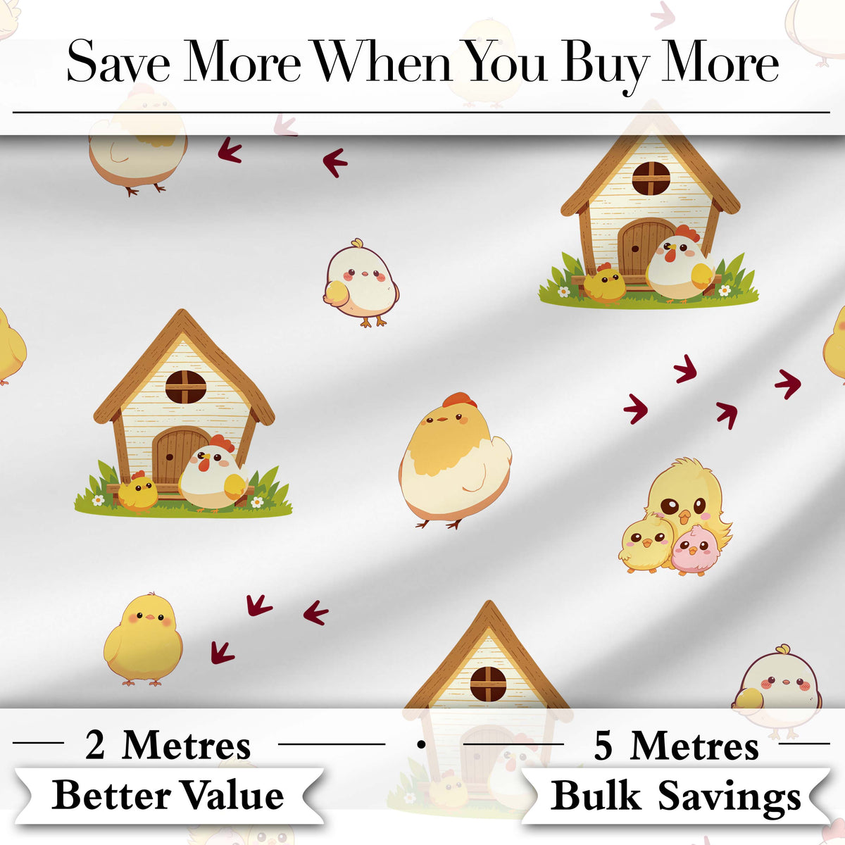 Cute Farm Chick Chicken Coop Arrows White Seamless Pattern Digital Print Fabric by the Metre UK Sewing Quilting Textile