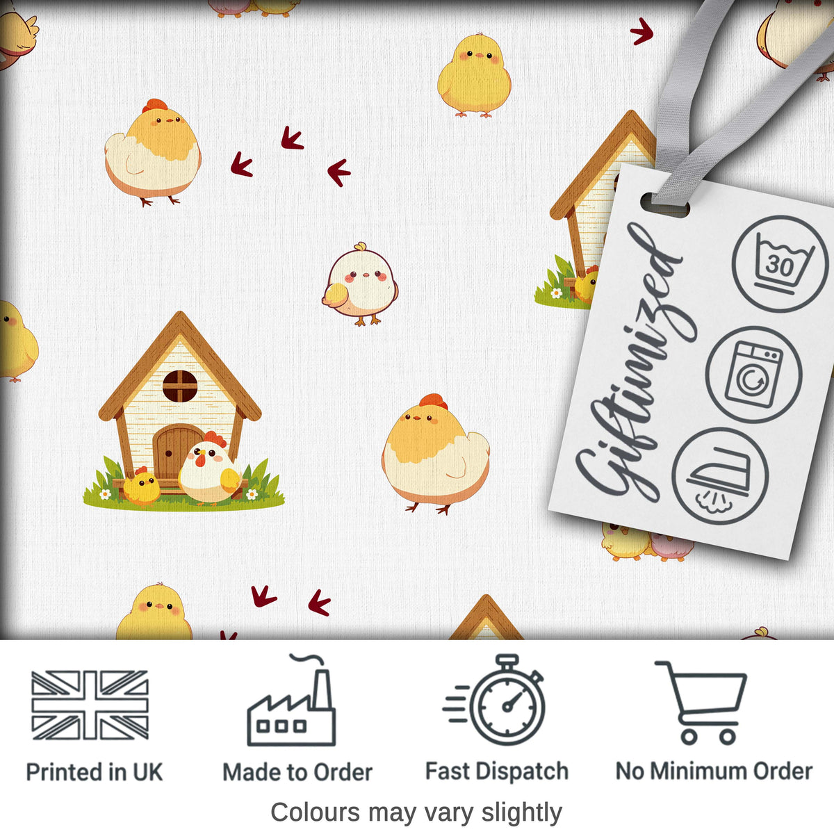Cute Farm Chick Chicken Coop Arrows White Seamless Pattern Digital Print Fabric by the Metre UK Sewing Quilting Textile